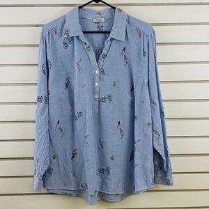 Womens 1X Dalia Pullover Blouse Blue Stripe Bicycle Ballet Shoe Lipstick Cupcake